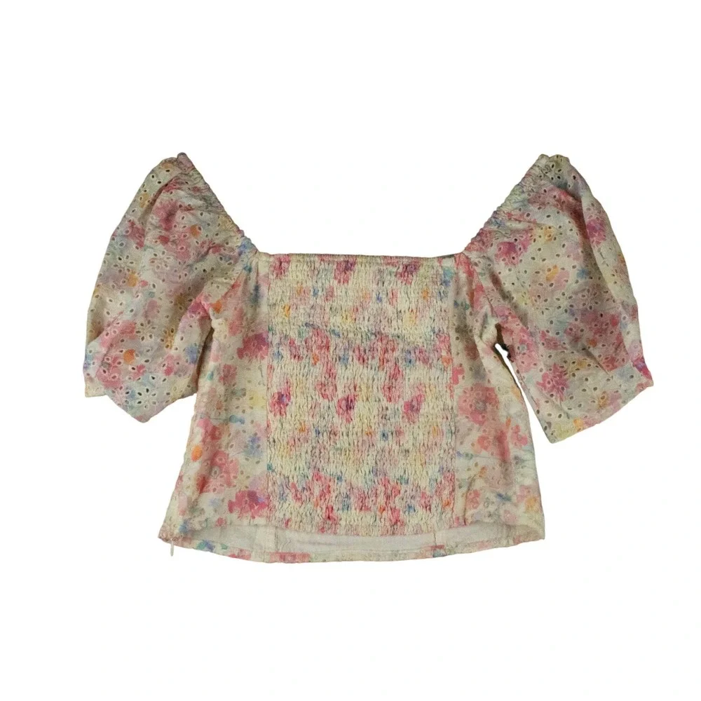 ASTR The Label Women S Floral Eyelet Top Cottagecore Peasant Smocked Puff Sleeve - Picture 3 of 10